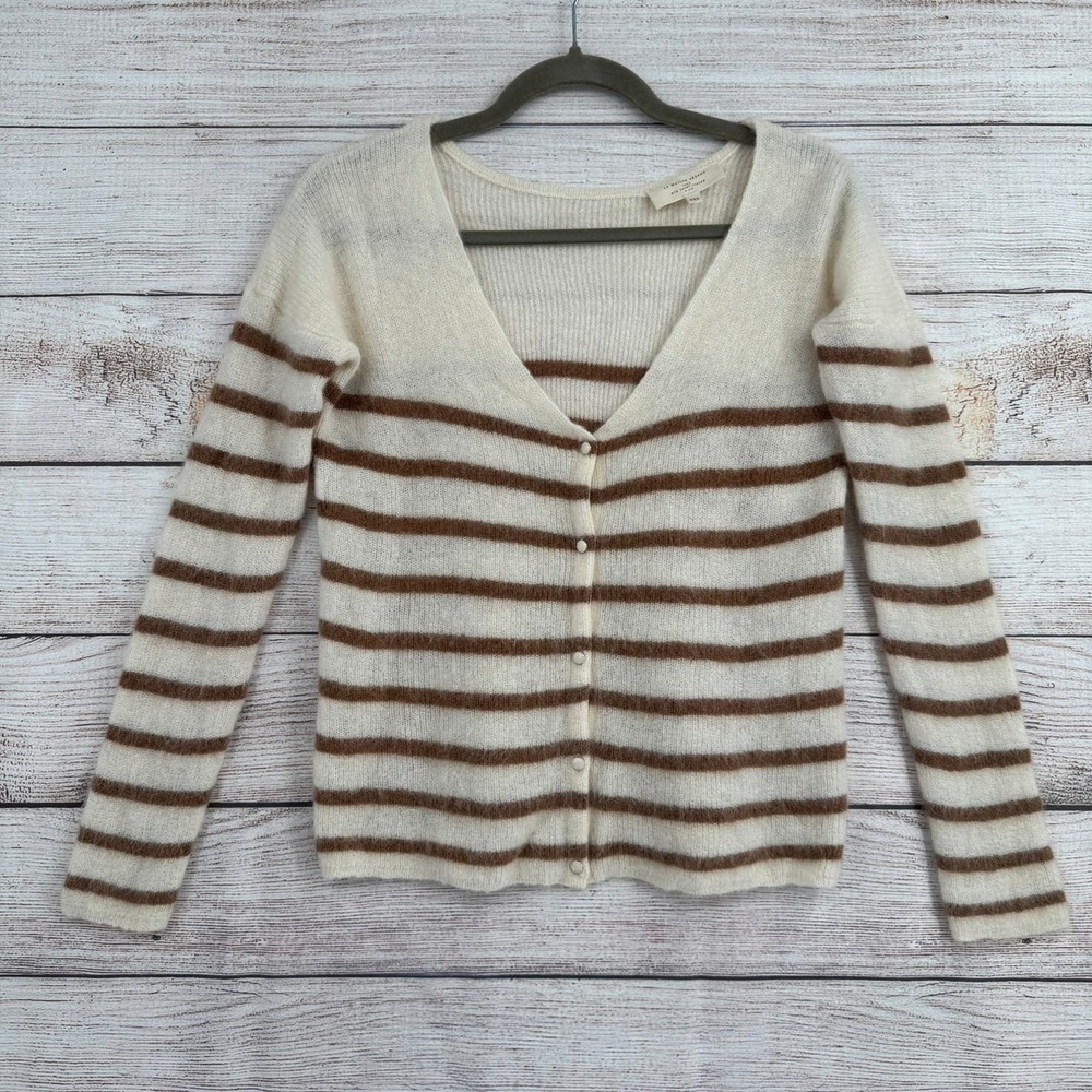 Sezane Cardigan Women XXS Cream Brown Striped Mohair Alpaca V-Neck Button Front